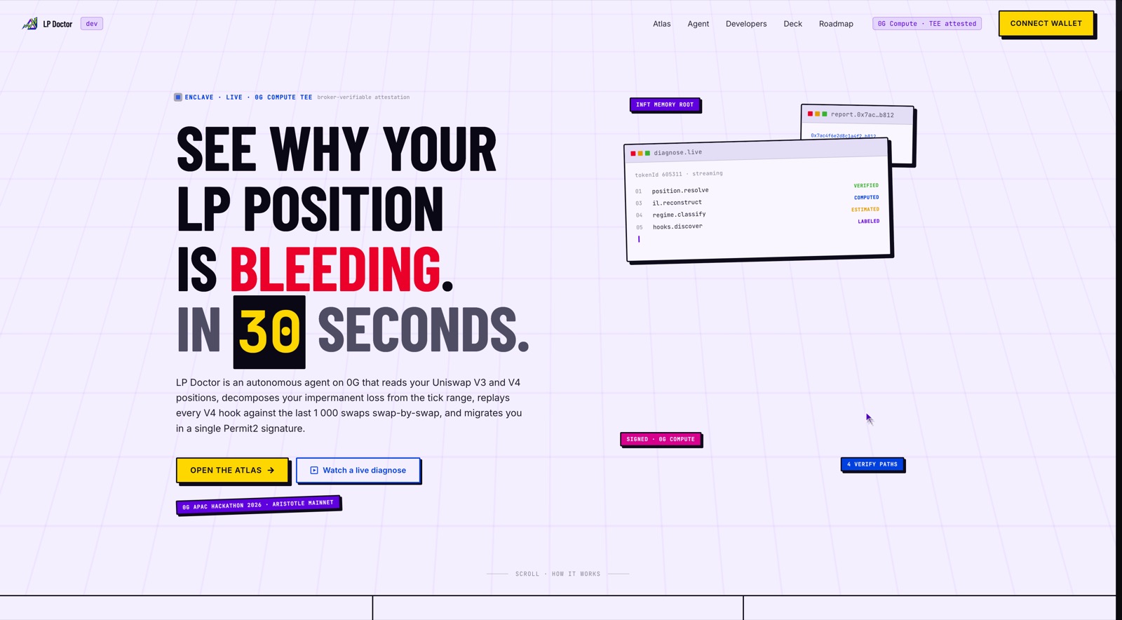 LP Doctor landing page with a live position diagnosis panel