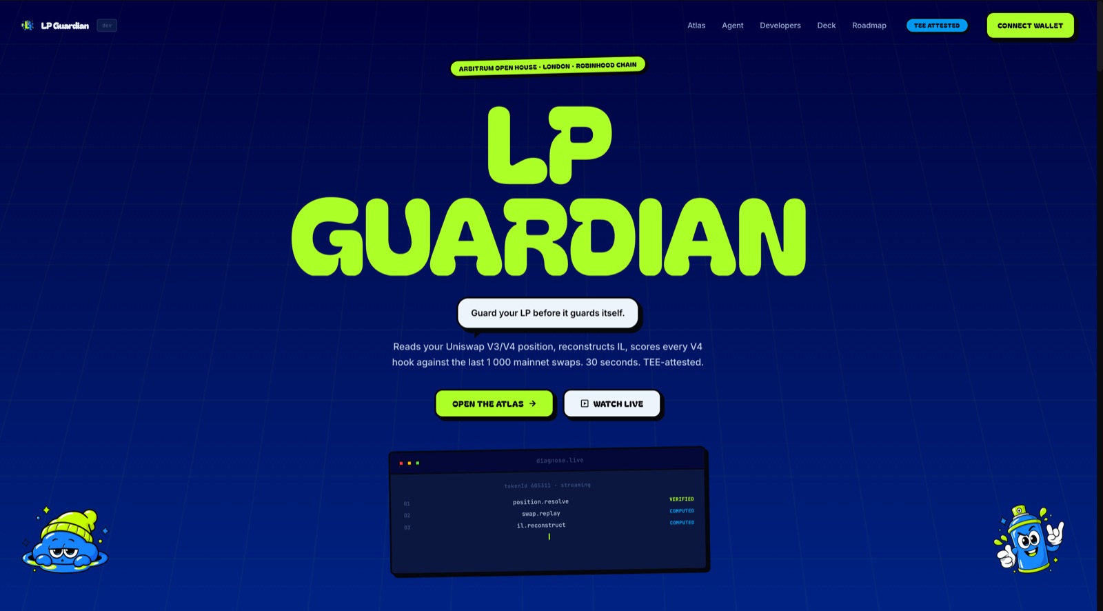 LP Guardian landing page, oversized lime wordmark on deep blue