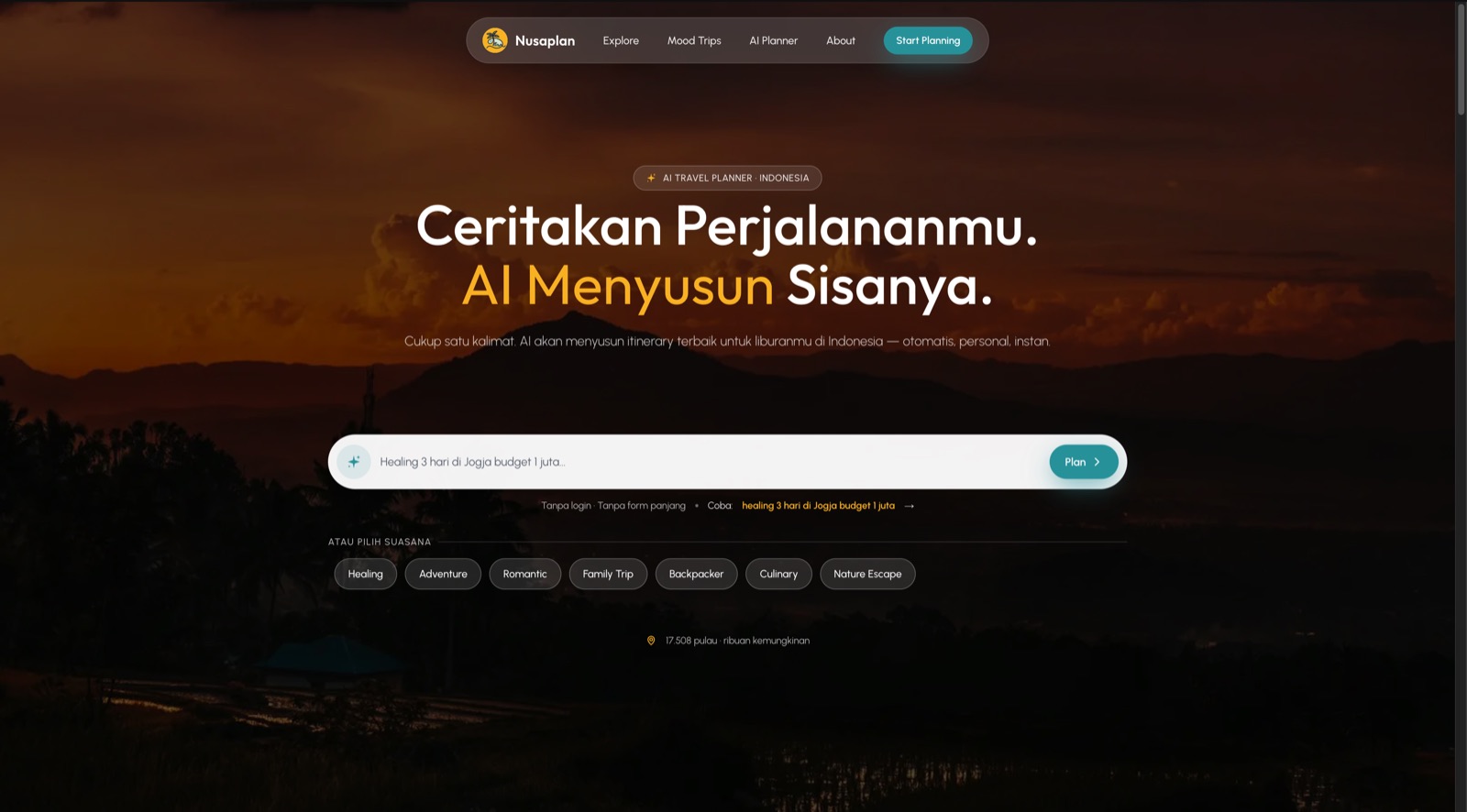 NusaPlan landing page over an Indonesian sunset, with an itinerary prompt box
