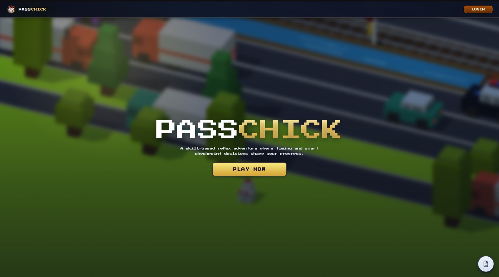 Pass Chick landing page over an isometric pixel-art road scene