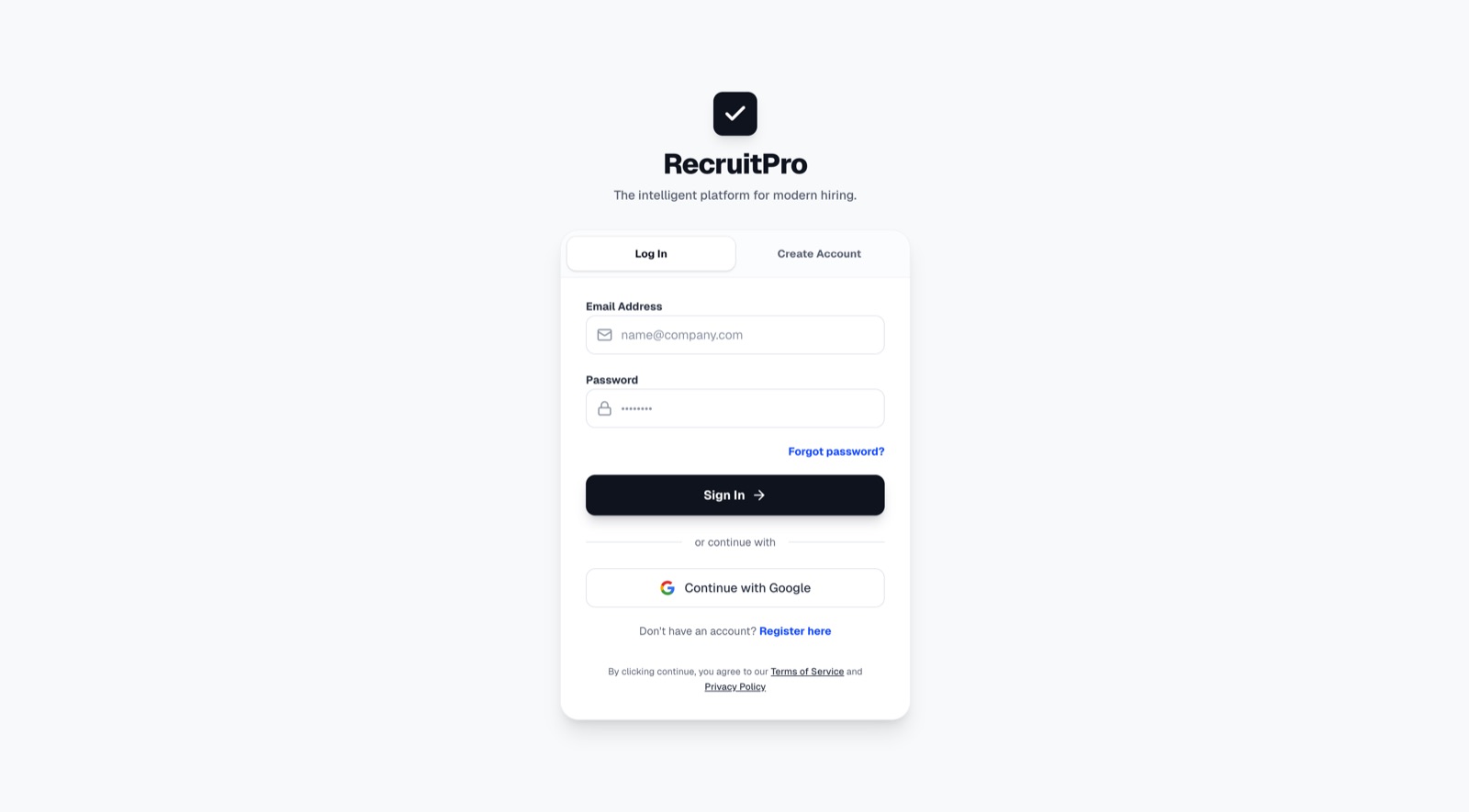RecruitPro sign-in screen on a pale background
