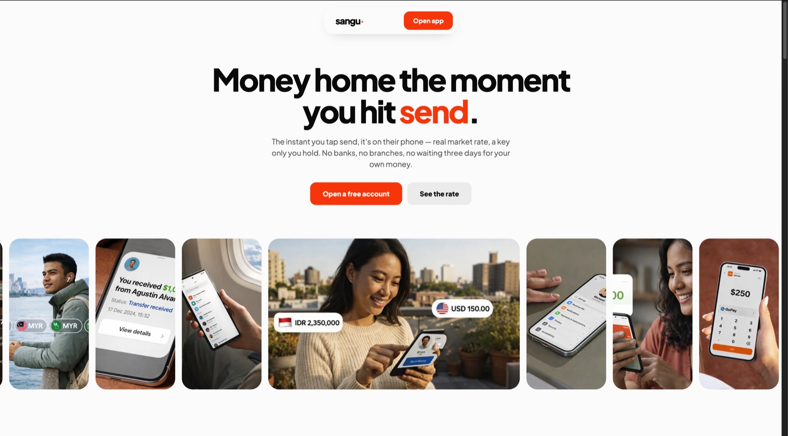 Sangu landing page — money home the moment you hit send